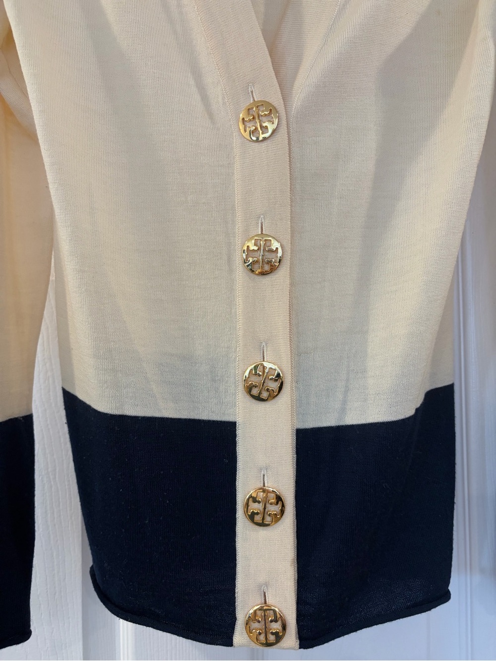 Tory Burch Cream and Navy Two-Tone Knit Cardigan with Gold Buttons - Picture 3 of 3